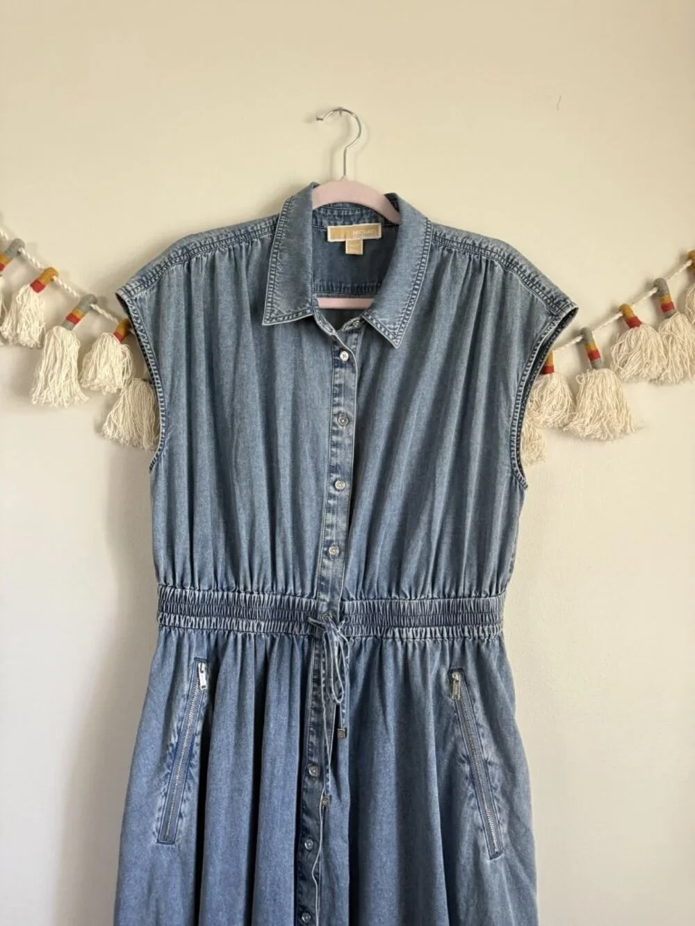 Michael Kors Denim Button Front Cap Sleeve Midi Shirt Dress Minimalist Modest XL